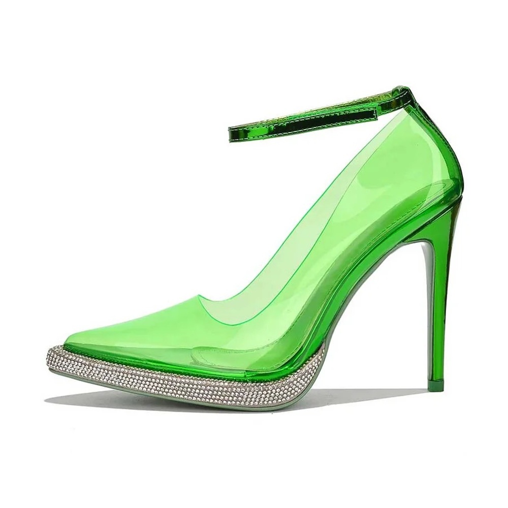 🔥CAPE ROBBIN🔥Green Ankle Strap Pointed Toe Rhinestone Platform Clear Pumps s10